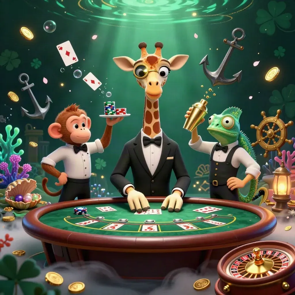 Giraffa, scimmia e camaleonte in un casinò subacqueo dorato con carte, corallo e ruota roulette.