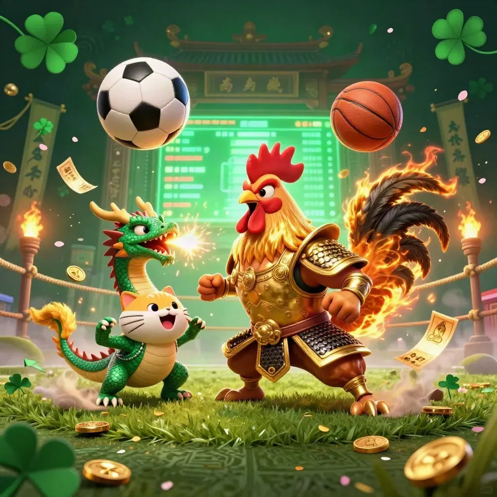 Gallo samurai, drago e gatto fortunato tra pallone, monete e scintille nel ring.