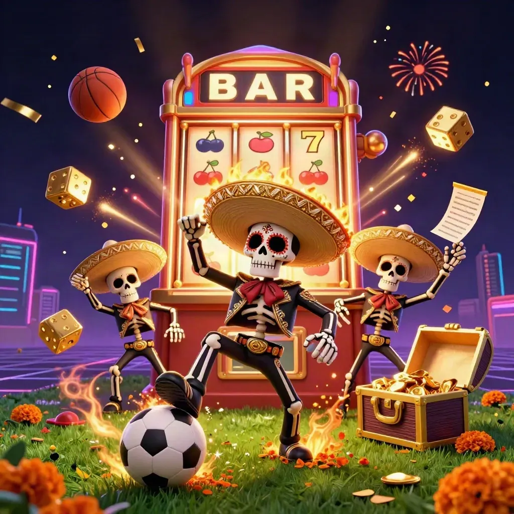 Scheletri mariachi danzano con slot, monete e sfere luminose in stile lusso casinò.