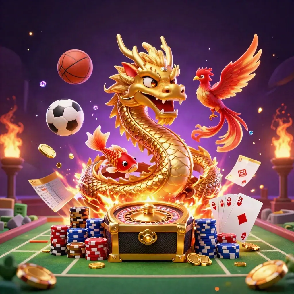 Drago d’oro, fenice e carpa tra monete, pallone e ruota roulette, luce viola.