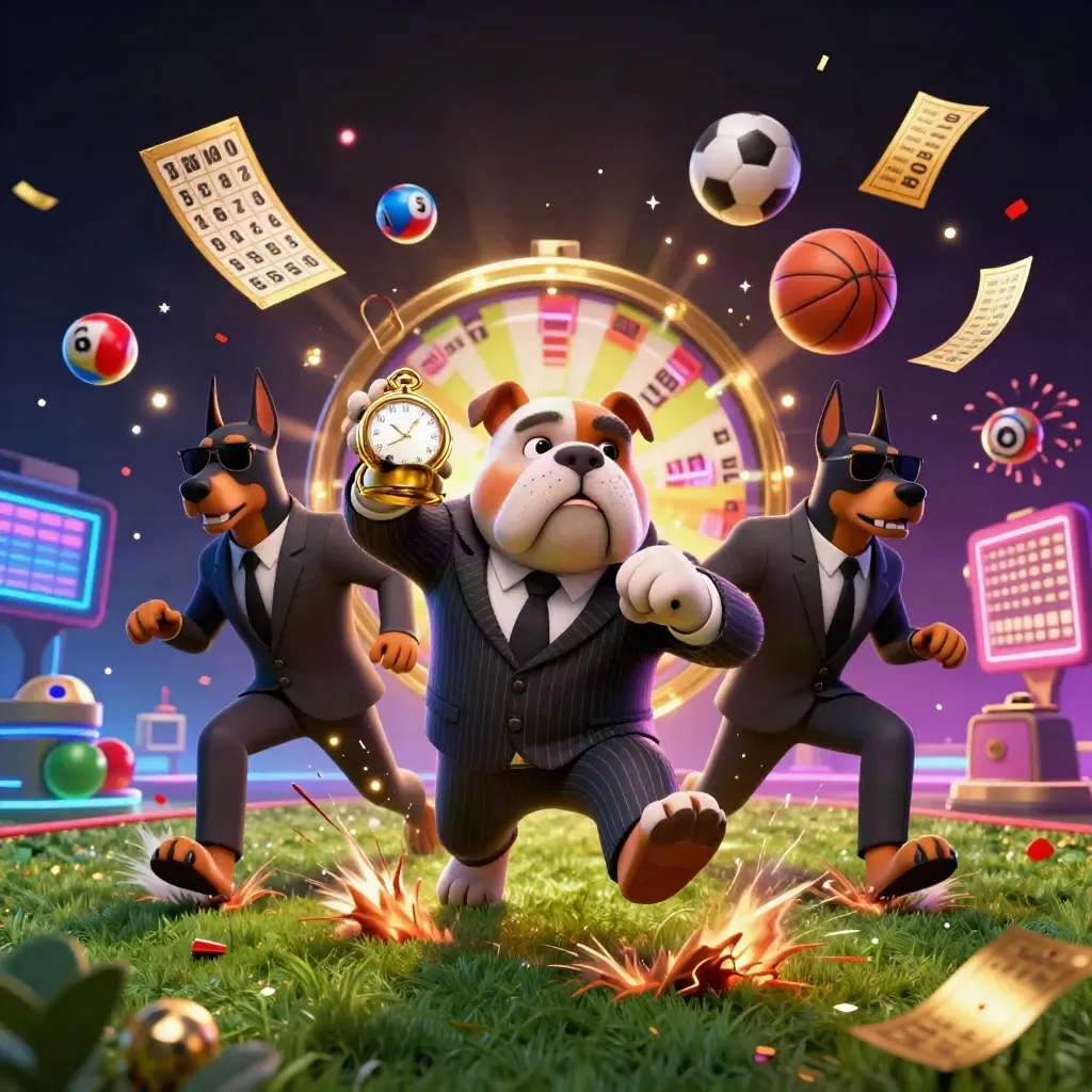 Bulldog boss e due doberman tra sfere, confetti e luci neon da casinò.