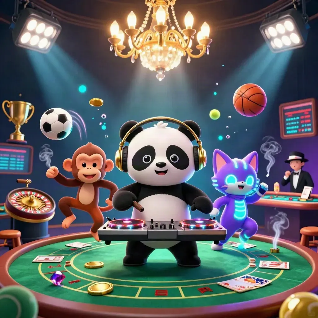 Panda DJ, scimmia danzante e gattino rave tra luci da casinò e palline sportive.