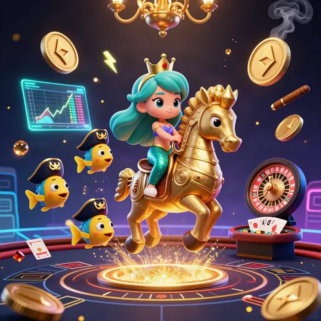Sirena 3D con cavalluccio marino dorato, pesci pirata e luci neon da casino.