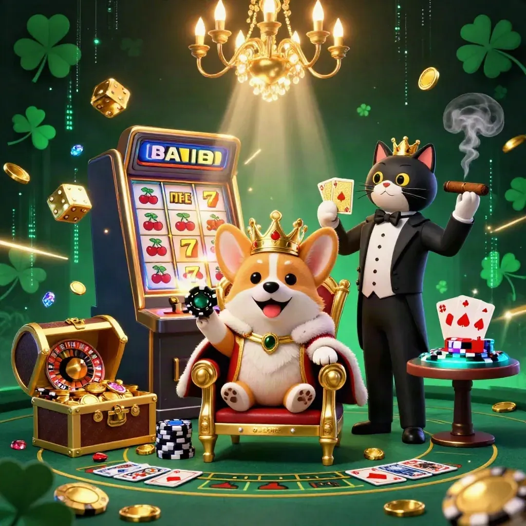 Corgi reale e gatto maggiordomo in un casinò live lussuoso con slot, dadi e luci verdi.