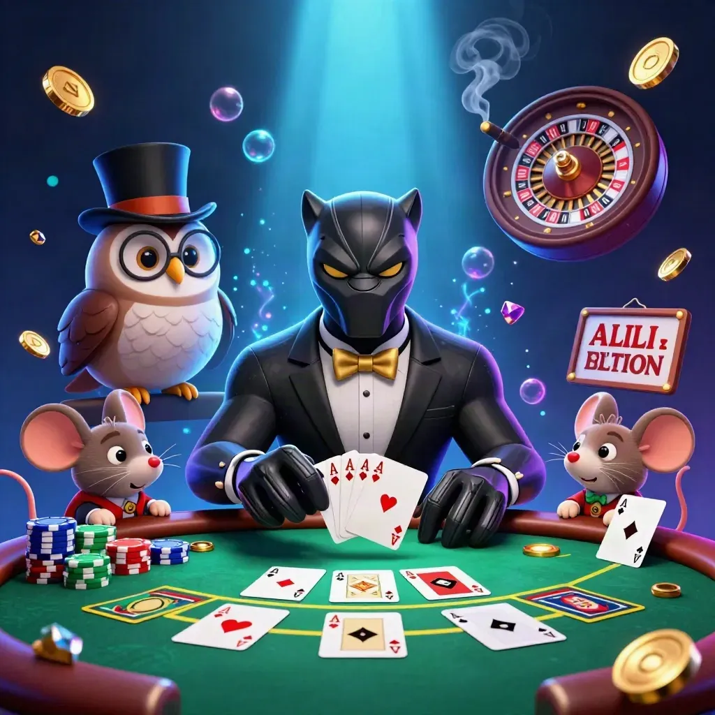 Pantera tuxedo, gufo con monocolo e topo fortunato tra carte, fiches e luci da casinò