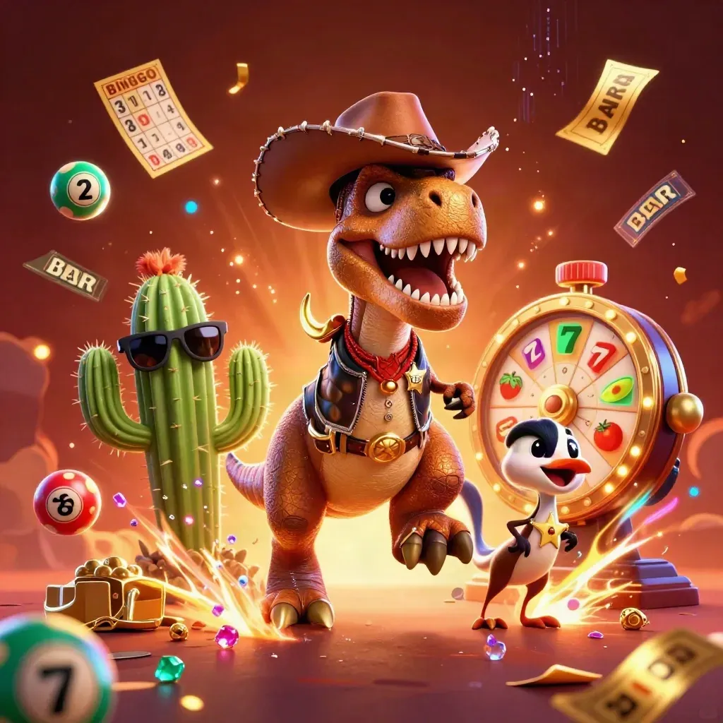 T-Rex cowboy, cactus e roadrunner tra jackpot, carte bingo e scintille neon.