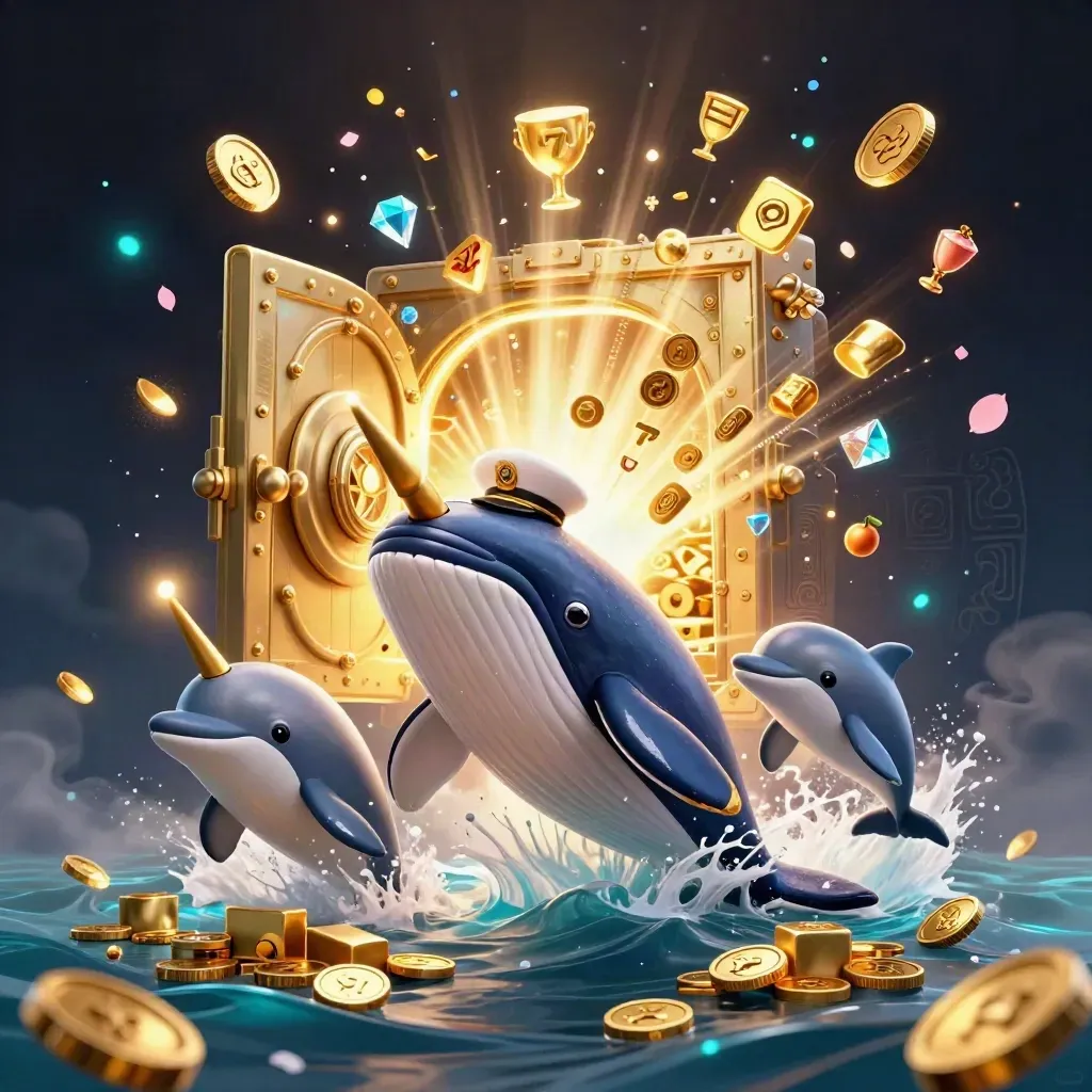 Balena capitano, narvalo e delfini tra monete, gemme e luce dorata nel buio del casinò.