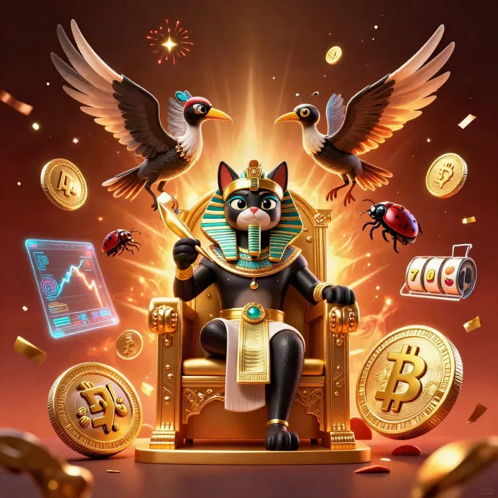 Gatto faraone su trono d’oro con ibis e scarabei, monete crypto e scintille nel caos