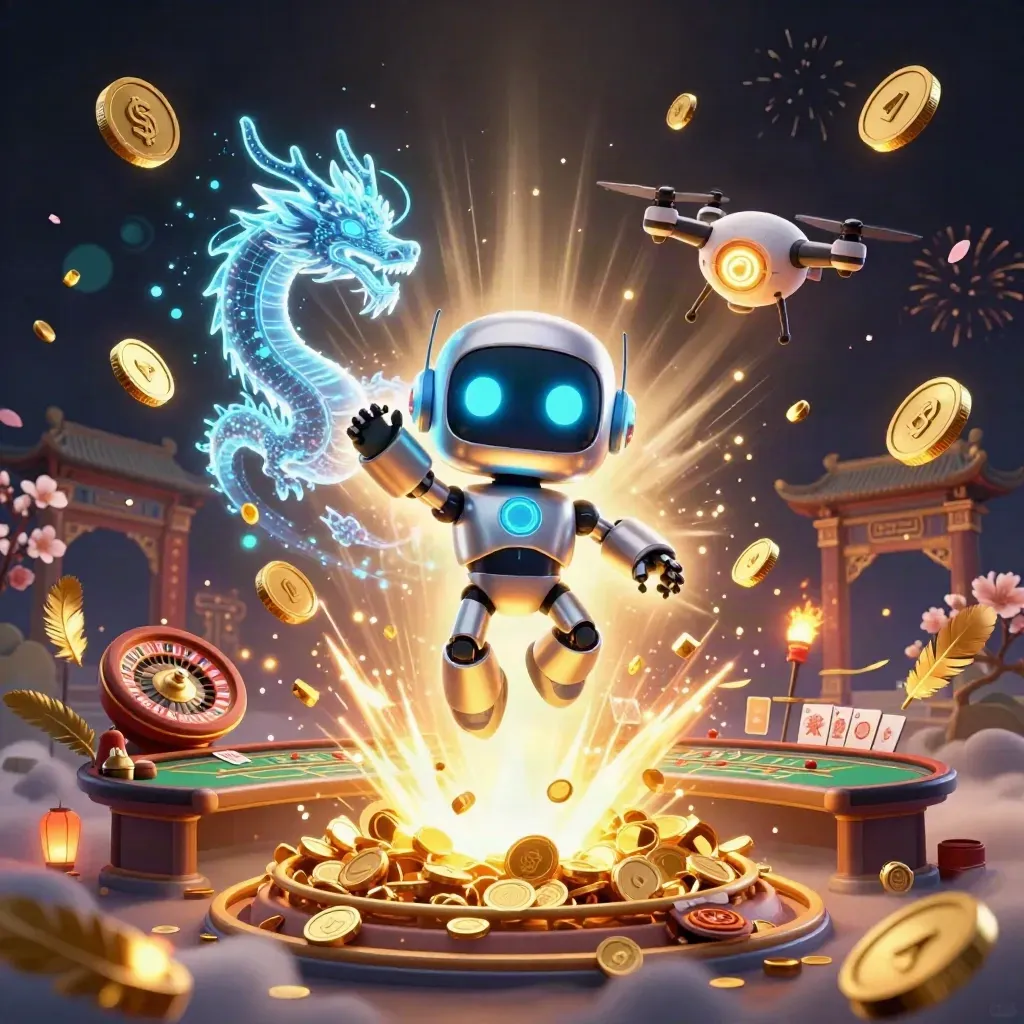 Robot cyberpunko, drago olografico e drone tra monete d’oro, roulette e atmosfera da casinò