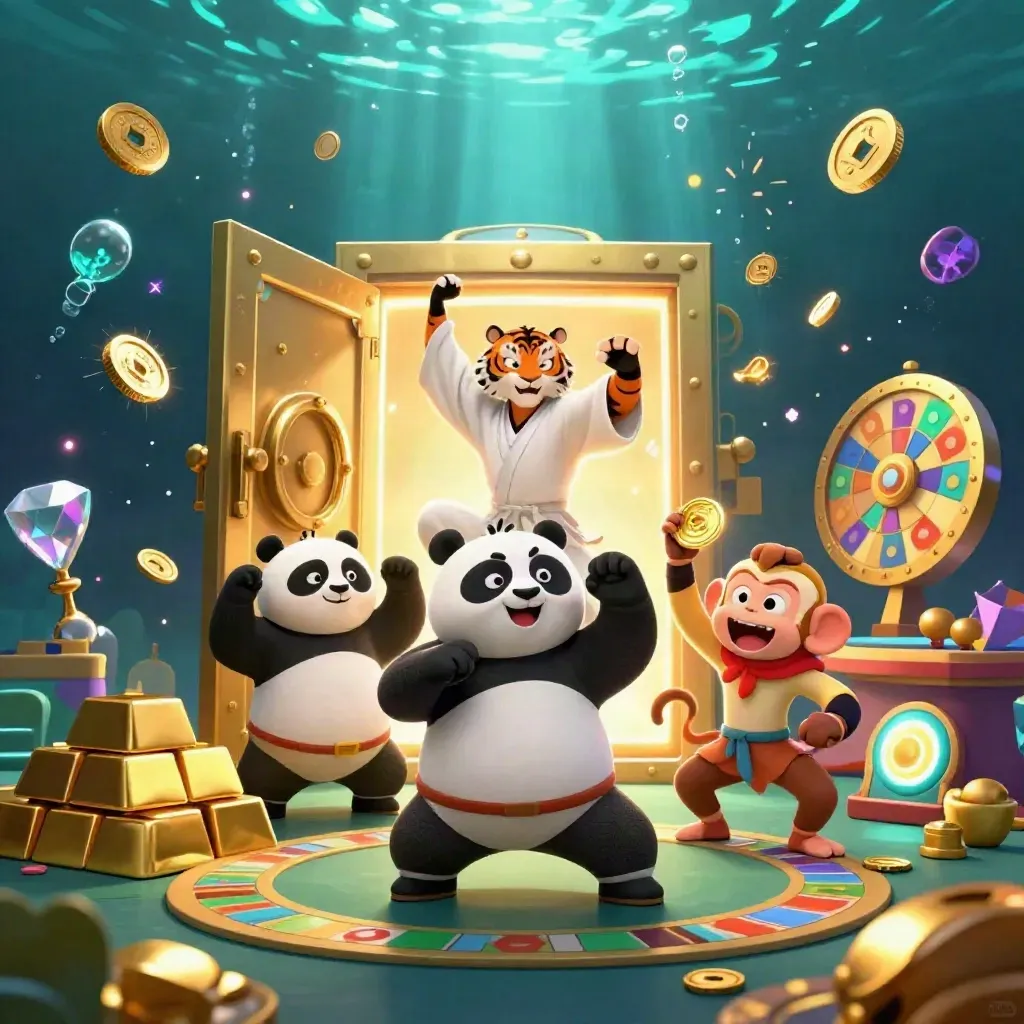 Tigre maestro, panda e scimmia tra monete d’oro, roulette e luce blu subacquea