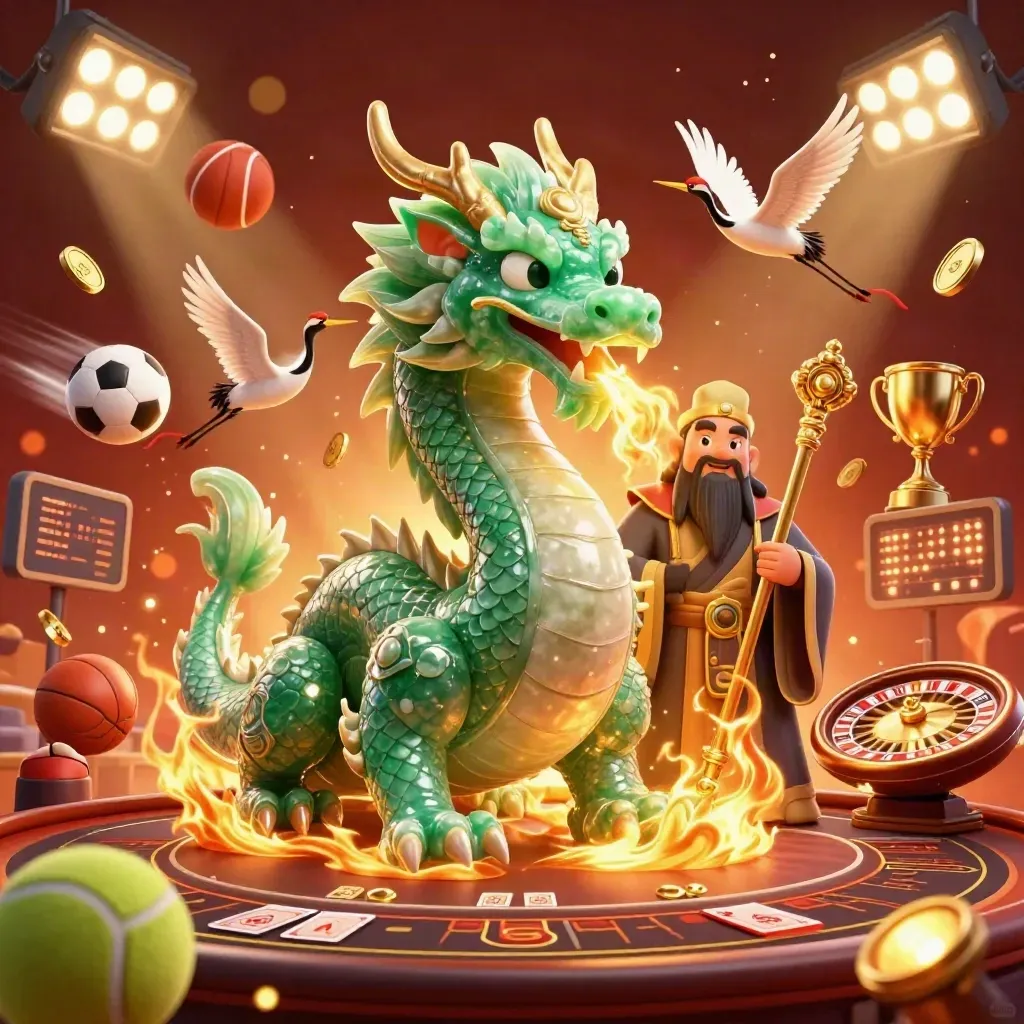 Drago smeraldo, tartaruga saggia e gru tra monete, ruota roulette e luci da casinò