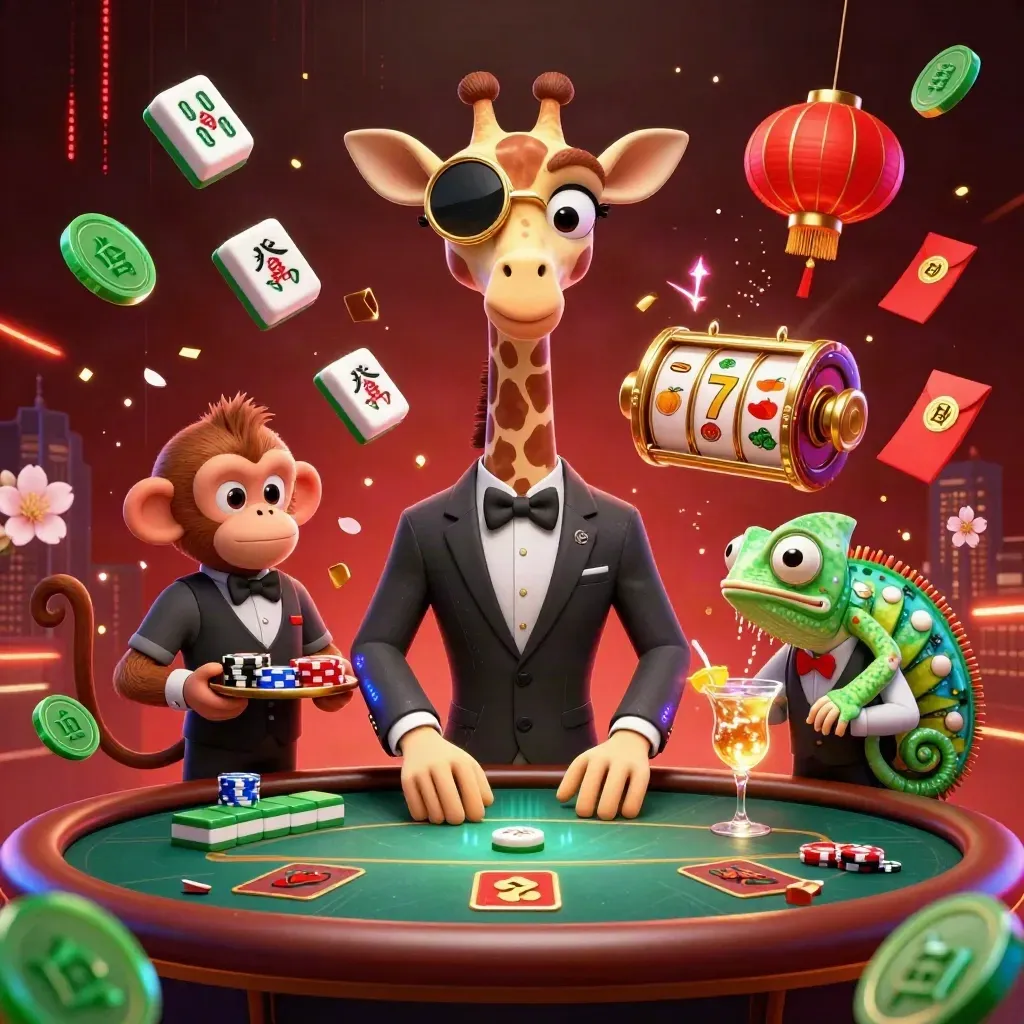 Giraffa high-roller, scimmia valletto e camaleonte barista tra gettoni, lanterne e lampi dorati.