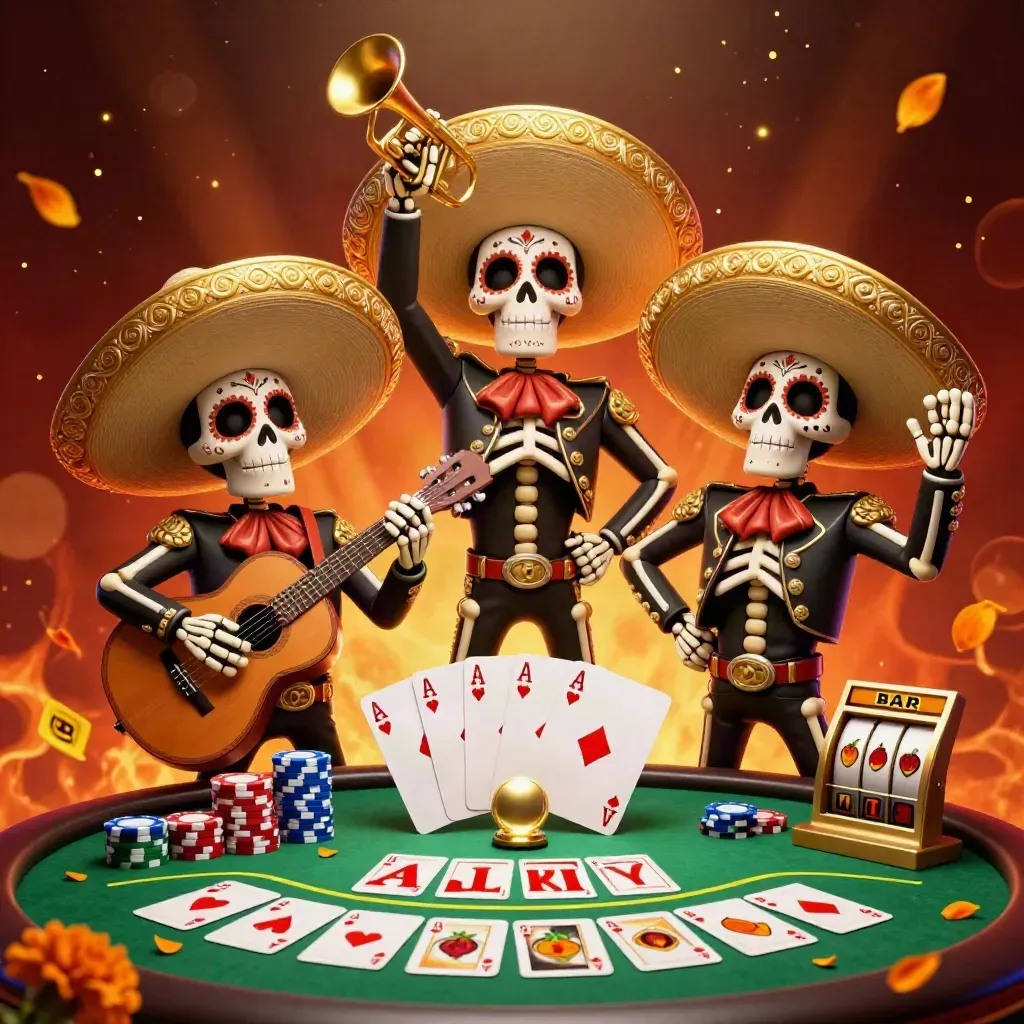 Trio mariachi scheletrico tra fiches, carte e scintille su sfondo rosso scuro.