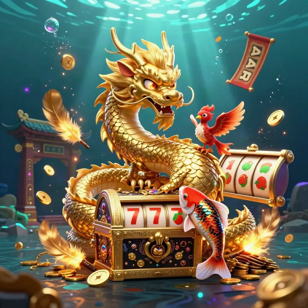 Drago d'oro con fenice e carpa, tra monete, slot e luci subacquee da casinò.