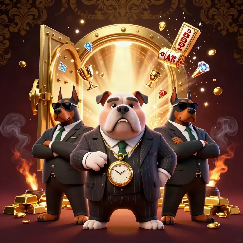 Bulldog boss e due doberman davanti a caveau d’oro, con fiches, gemme e luci da casinò.
